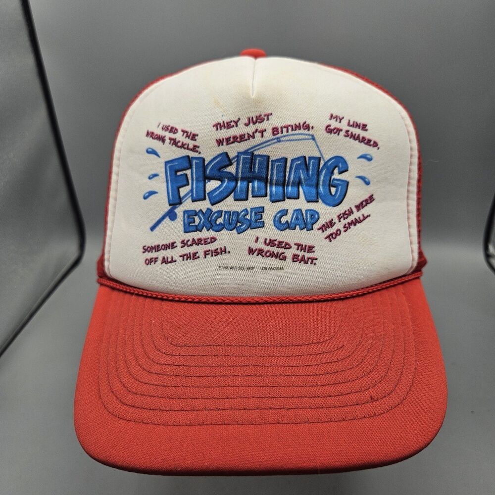Fishing Excuse Cap Hat Trucker Red White Mesh Foam Rope Vintage Otto